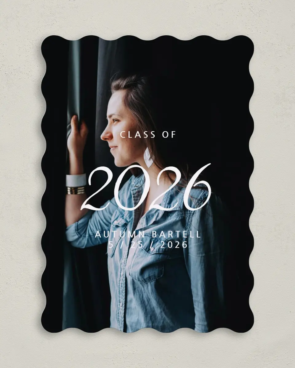 This is a 5" x 7" Graduation Announcement Card called Go The Distance printed in full color with Rose Gold foil on Luxe Satin (coated) paper