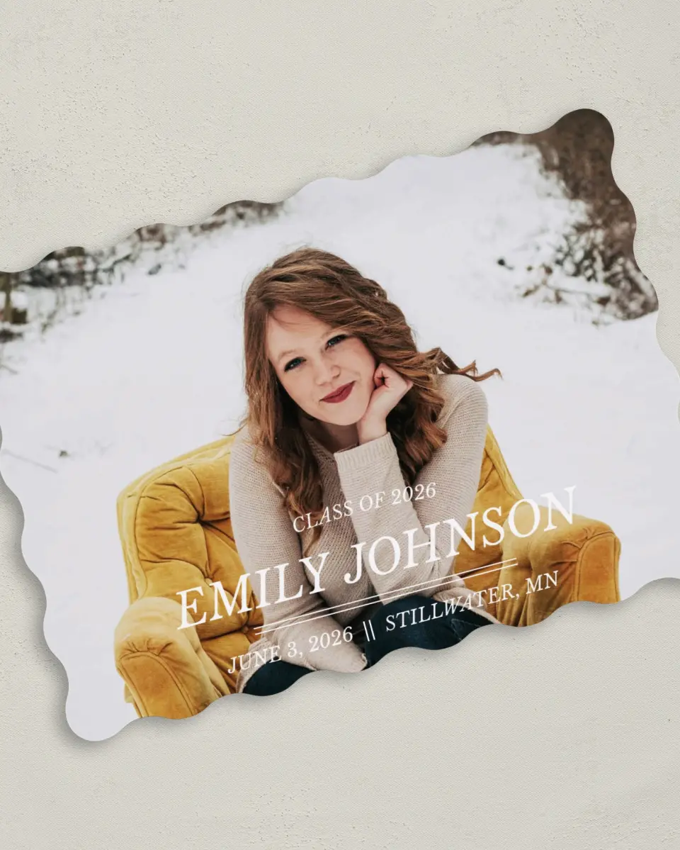 This is a 5" x 7" Graduation Announcement Card called Savvy Success printed in full color with Silver foil on Luxe Satin (coated) paper