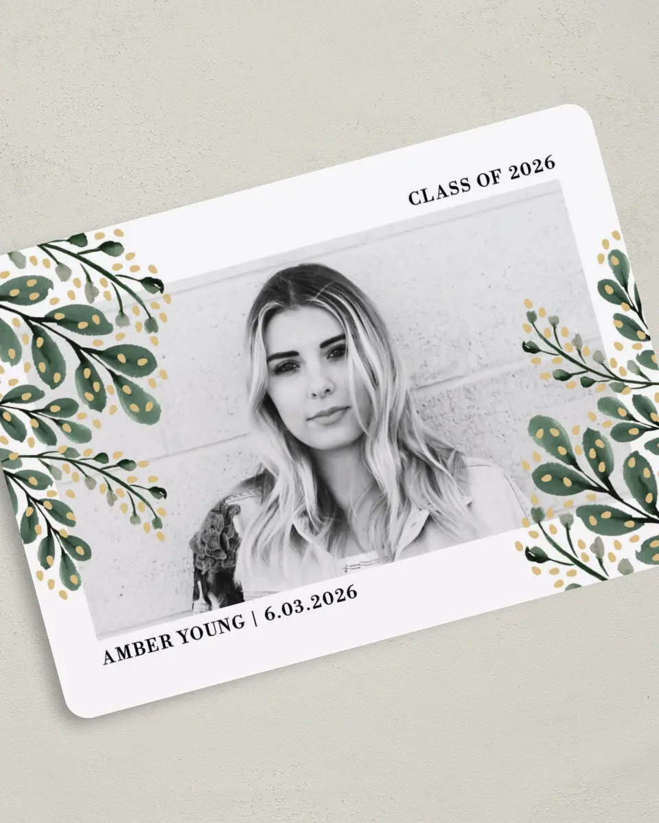 This is a 5" x 7" Graduation Announcement Card called Shining Laurels printed in full color on Premium Smooth paper