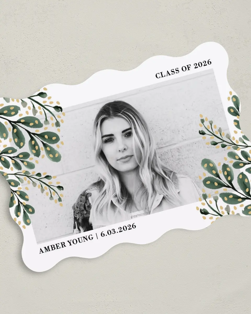 This is a 5" x 7" Graduation Announcement Card called Shining Laurels printed in full color with Rose Gold foil on Luxe Satin (coated) paper