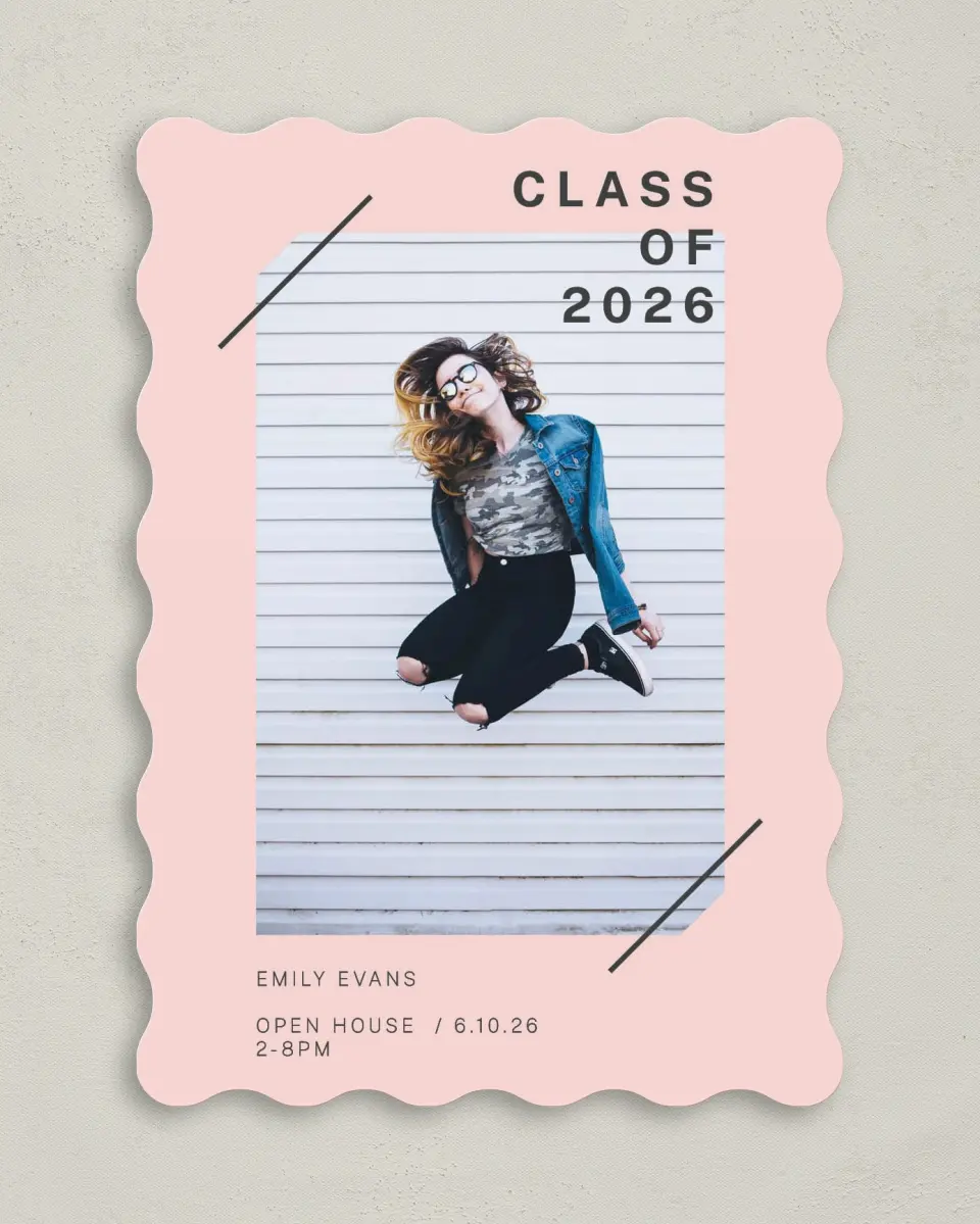 This is a 5" x 7" Graduation Announcement Card called Mod Moment printed in full color with Silver foil on Luxe Satin (coated) paper