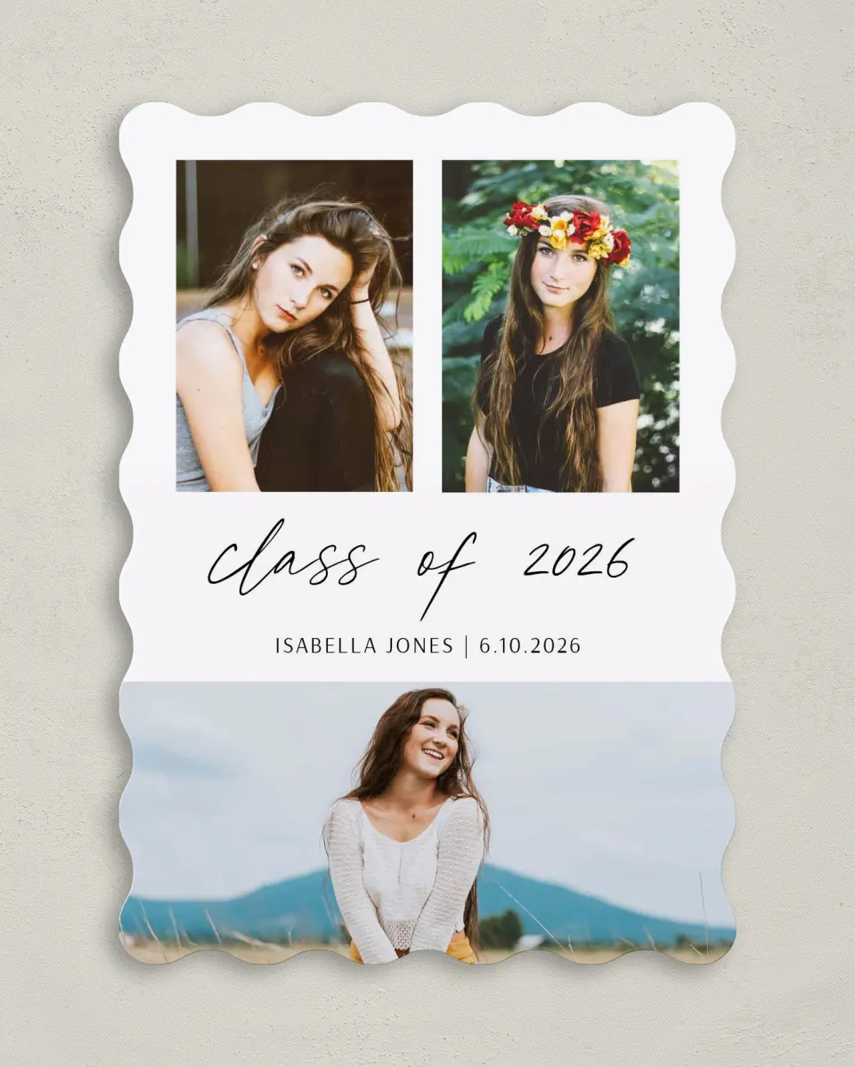 This is a 5" x 7" Graduation Announcement Card called Your Passion printed in full color with Silver foil on Luxe Satin (coated) paper