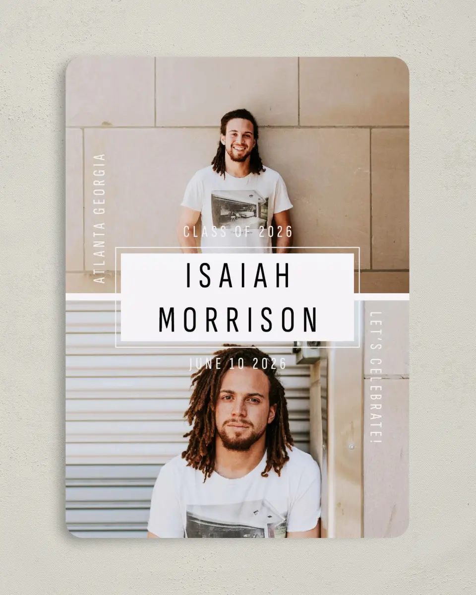 This is a 5" x 7" Graduation Announcement Card called Level Up printed in full color on Premium Smooth paper