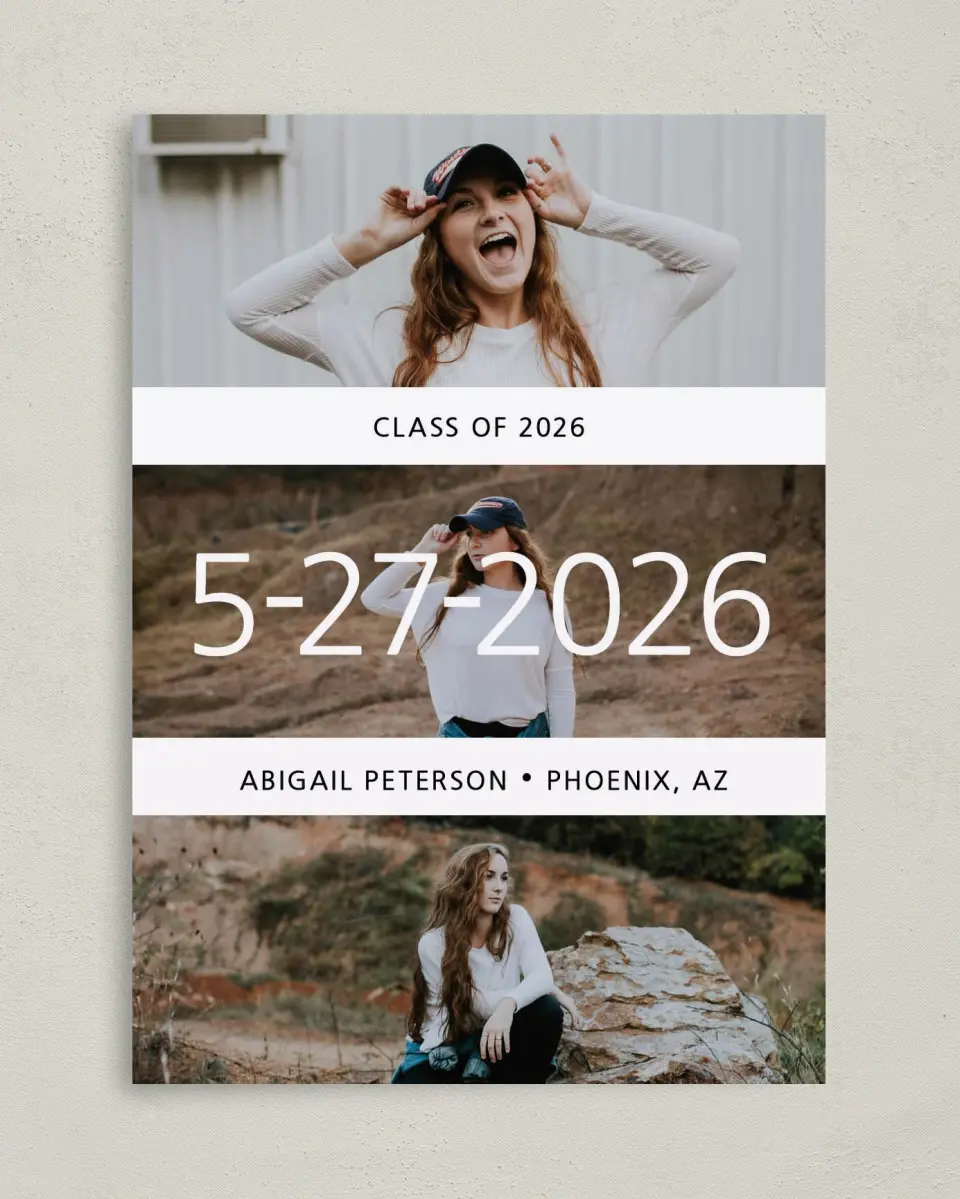 This is a 5" x 7" Graduation Announcement Card called Triumphant Trio printed in full color on Premium Smooth paper