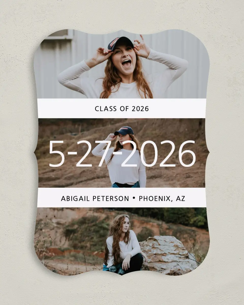 This is a 5" x 7" Graduation Announcement Card called Triumphant Trio printed in full color on Premium Smooth paper