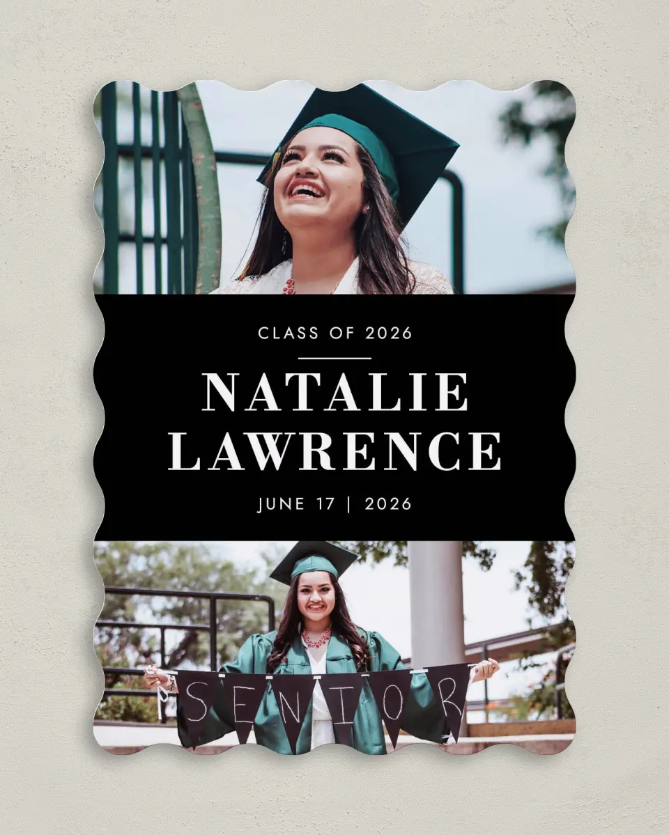 This is a 5" x 7" Graduation Announcement Card called Heartfelt Congrats printed in full color with Gold foil on Luxe Satin (coated) paper