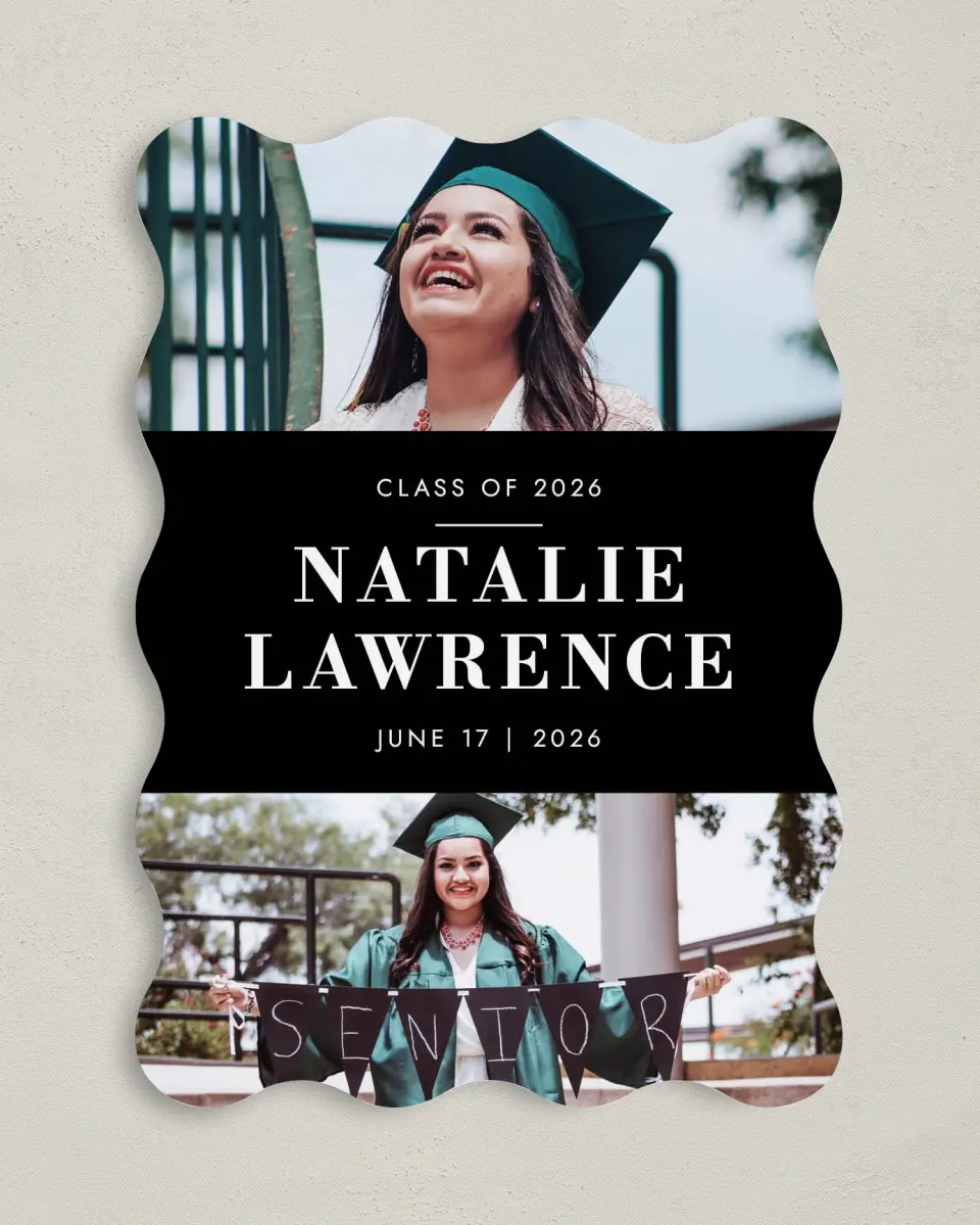 This is a 5" x 7" Graduation Announcement Card called Heartfelt Congrats printed in full color with Rose Gold foil on Luxe Satin (coated) paper
