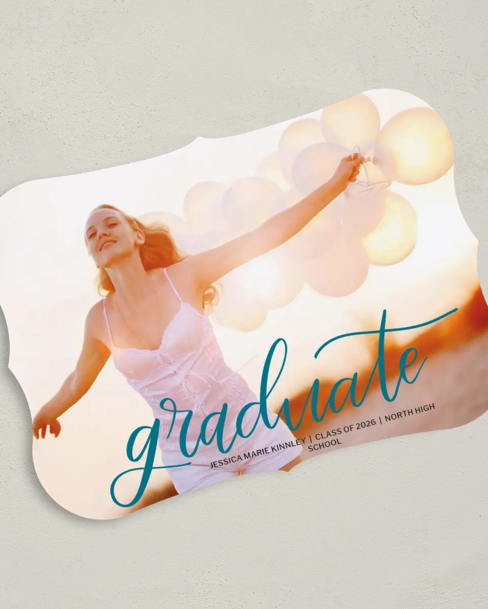 This is a 5" x 7" Graduation Announcement Card called Gilded Grad printed in full color on Premium Smooth paper