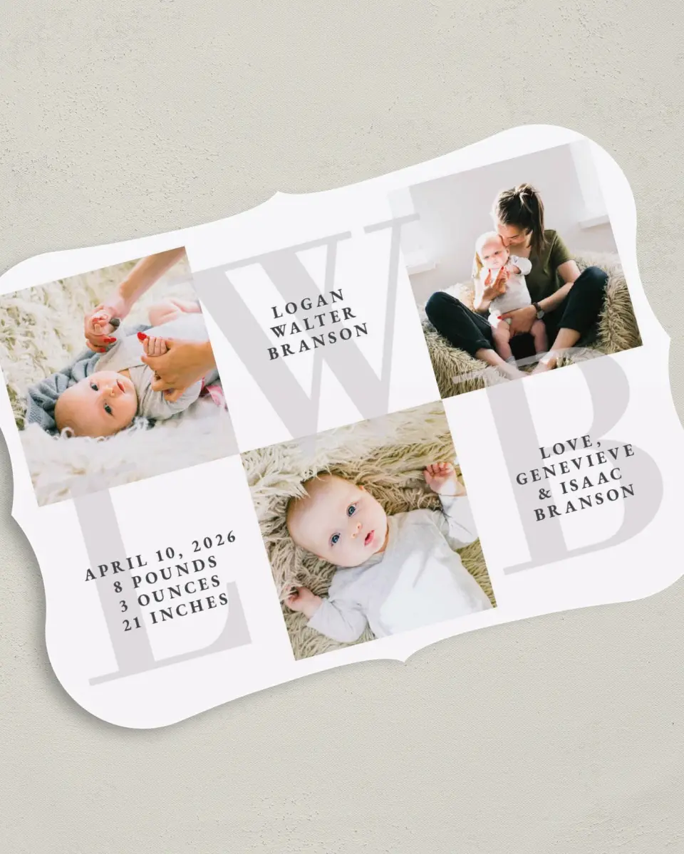 This is a 5" x 7" Birth Announcement Card called Delicate Monogram Baby printed in full color on Premium Smooth paper