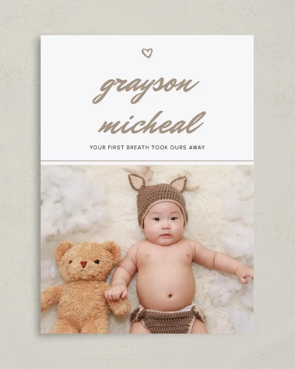 This is a 5" x 7" Birth Announcement Card called Small Wonder printed in full color with Silver foil on Luxe Satin (coated) paper