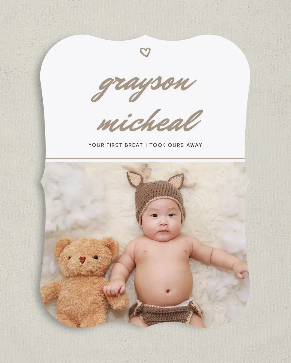 This is a 5" x 7" Birth Announcement Card called Small Wonder printed in full color with Rose Gold foil on Luxe Satin (coated) paper