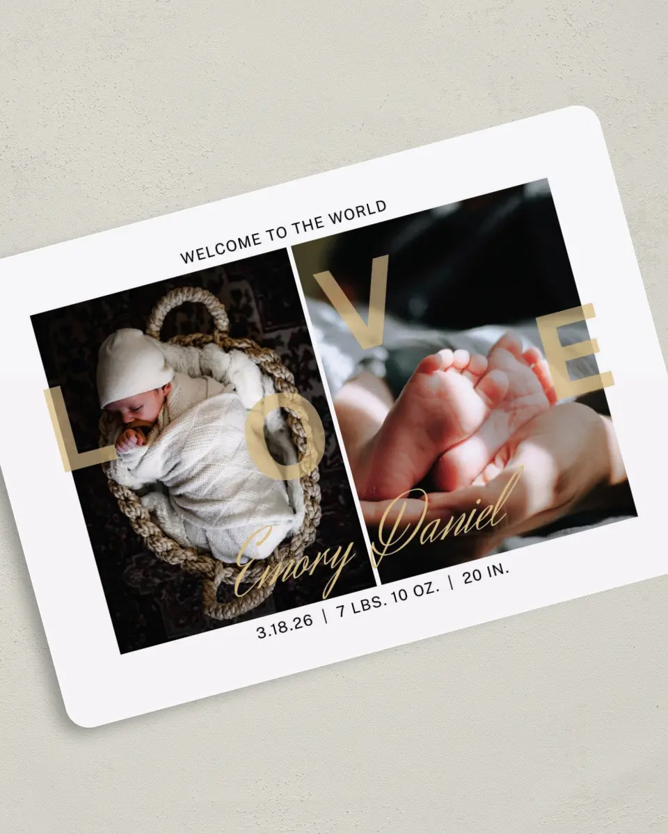 This is a 5" x 7" Birth Announcement Card called More Love printed in full color on Premium Smooth paper