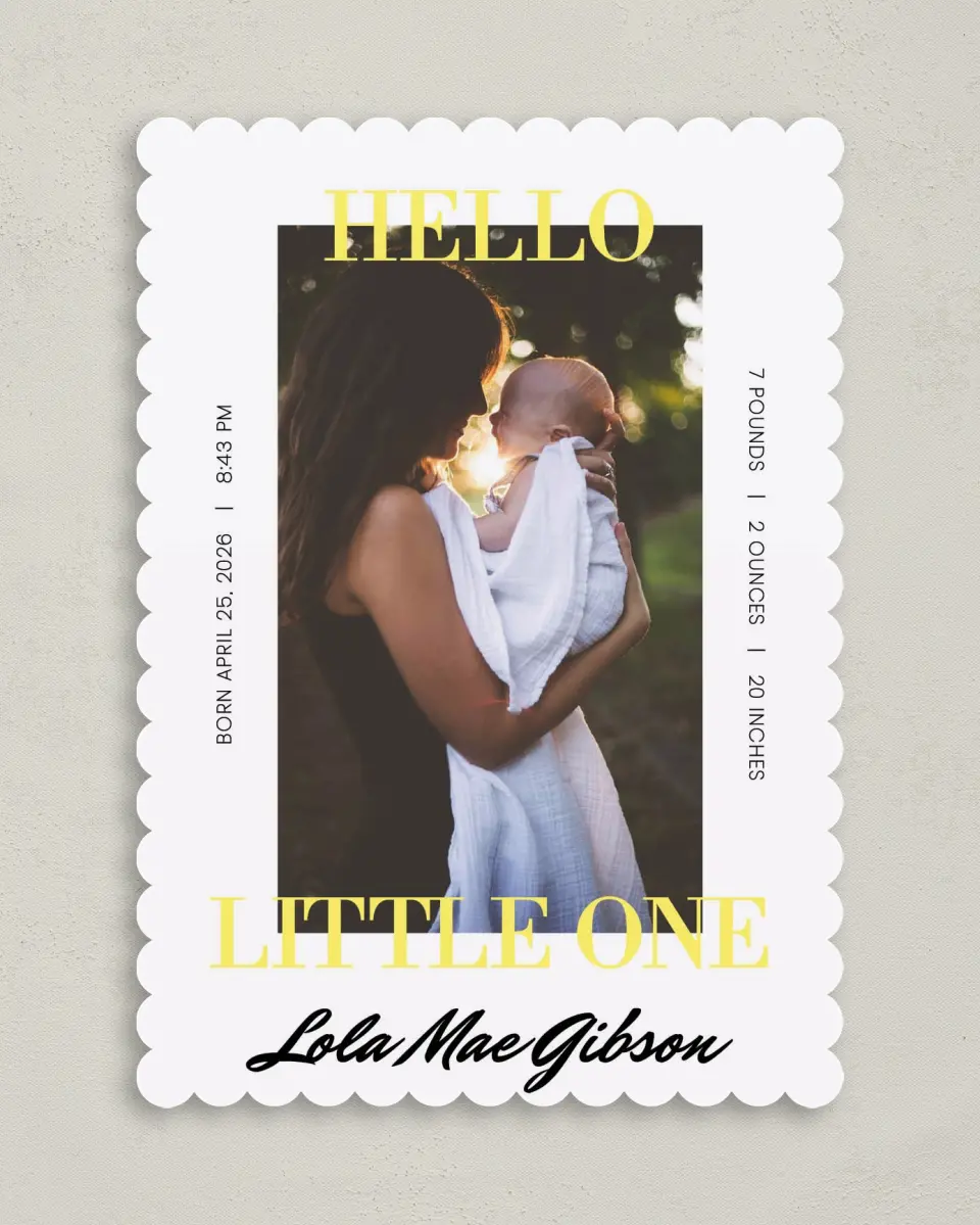 This is a 5" x 7" Birth Announcement Card called Sweetest One printed in full color on Premium Smooth paper