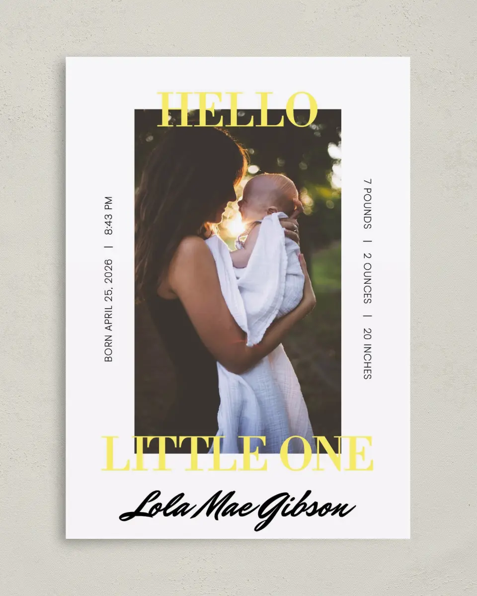 This is a 5" x 7" Birth Announcement Card called Sweetest One printed in full color with Silver foil on Luxe Satin (coated) paper