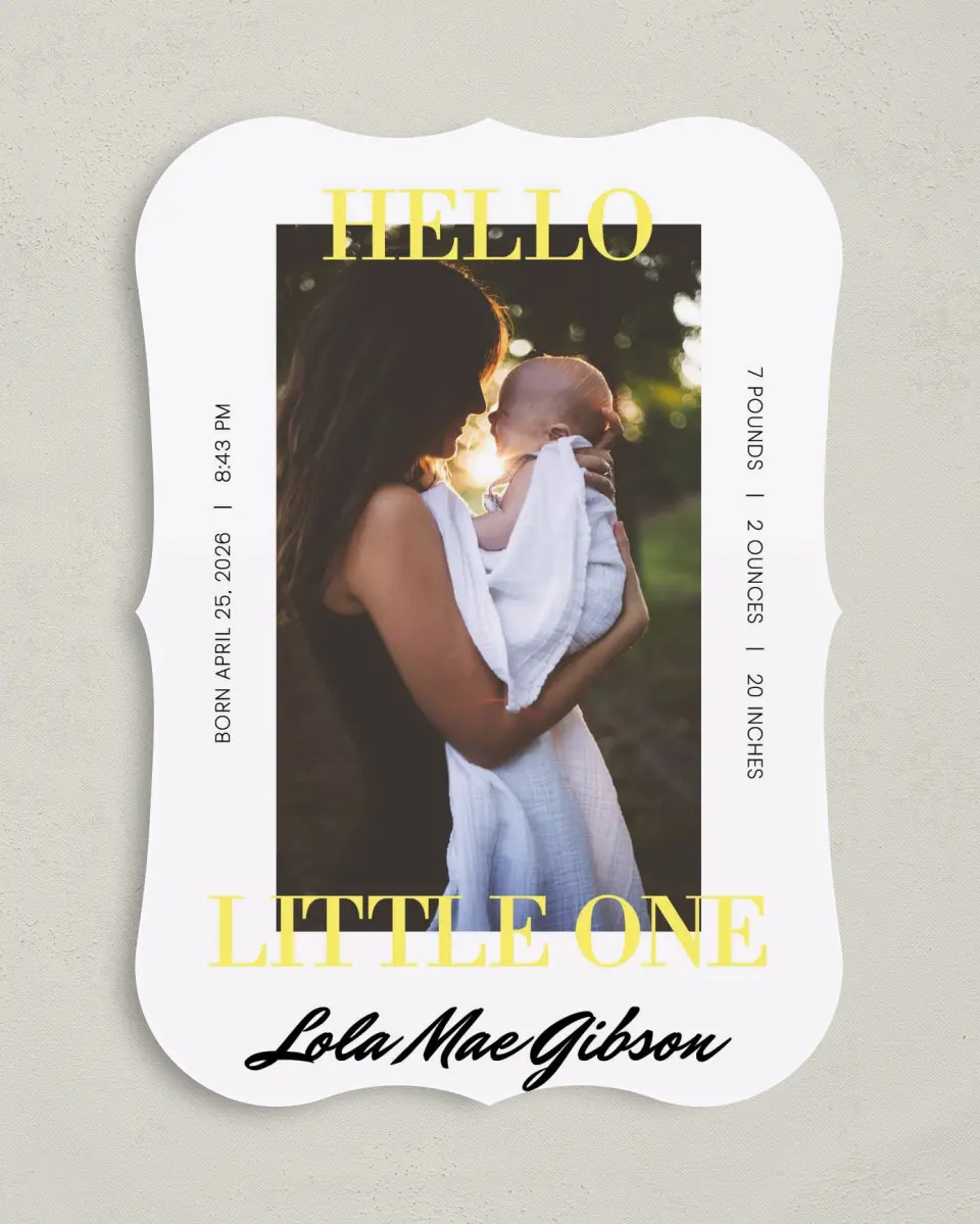 This is a 5" x 7" Birth Announcement Card called Sweetest One printed in full color on Premium Smooth paper