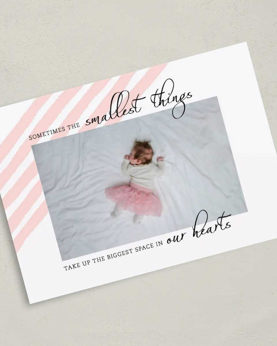 This is a 5" x 7" Birth Announcement Card called Angled Bliss printed in full color with Silver foil on Luxe Satin (coated) paper