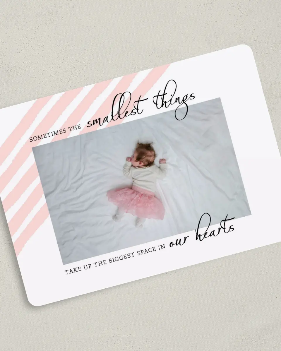This is a 5" x 7" Birth Announcement Card called Angled Bliss printed in full color with Silver foil on Luxe Satin (coated) paper
