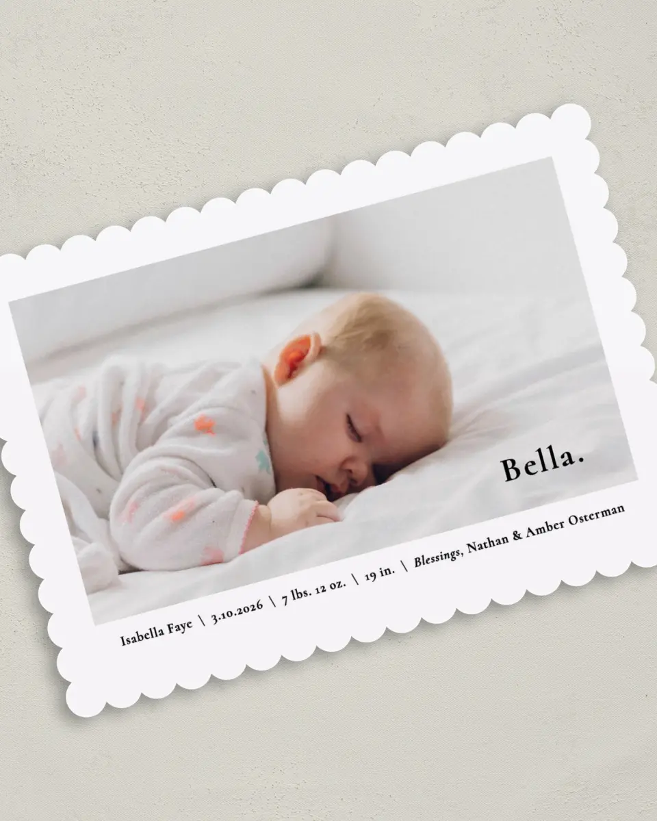 This is a 5" x 7" Birth Announcement Card called Everything Nice printed in full color on Premium Smooth paper