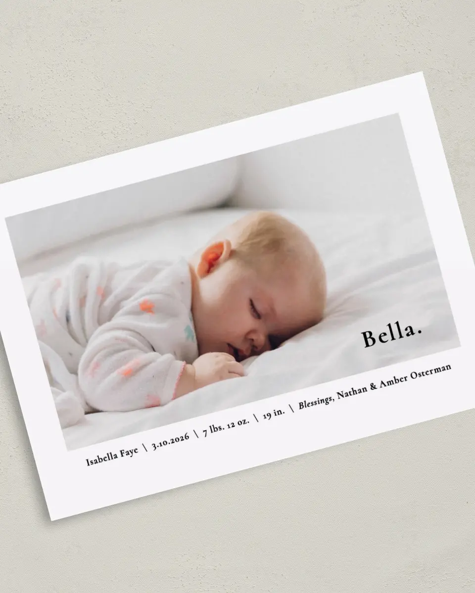 This is a 5" x 7" Birth Announcement Card called Everything Nice printed in full color with Silver foil on Luxe Satin (coated) paper