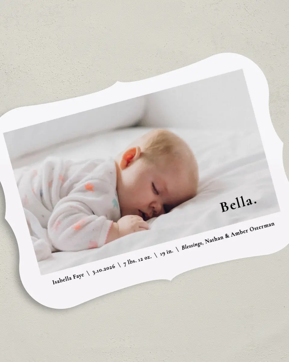 This is a 5" x 7" Birth Announcement Card called Everything Nice printed in full color on Premium Smooth paper