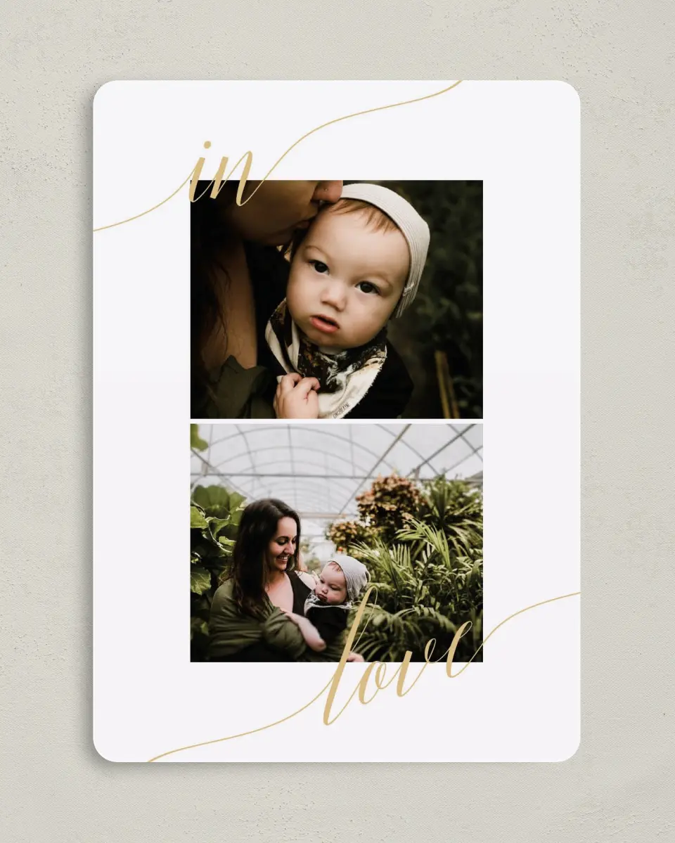 This is a 5" x 7" Birth Announcement Card called Angel Baby printed in full color with Silver foil on Luxe Satin (coated) paper