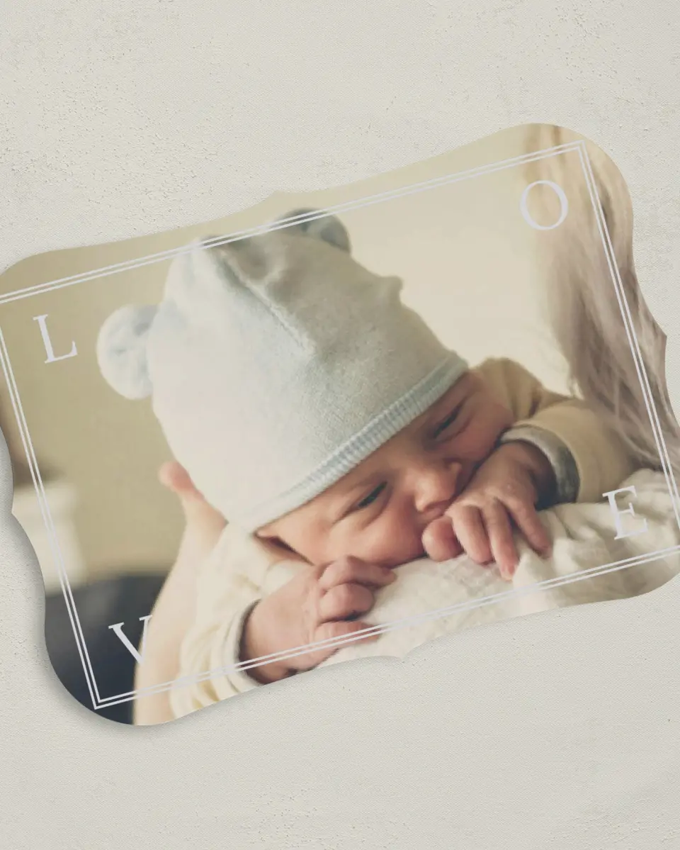 This is a 5" x 7" Birth Announcement Card called Love Framed printed in full color on Premium Smooth paper