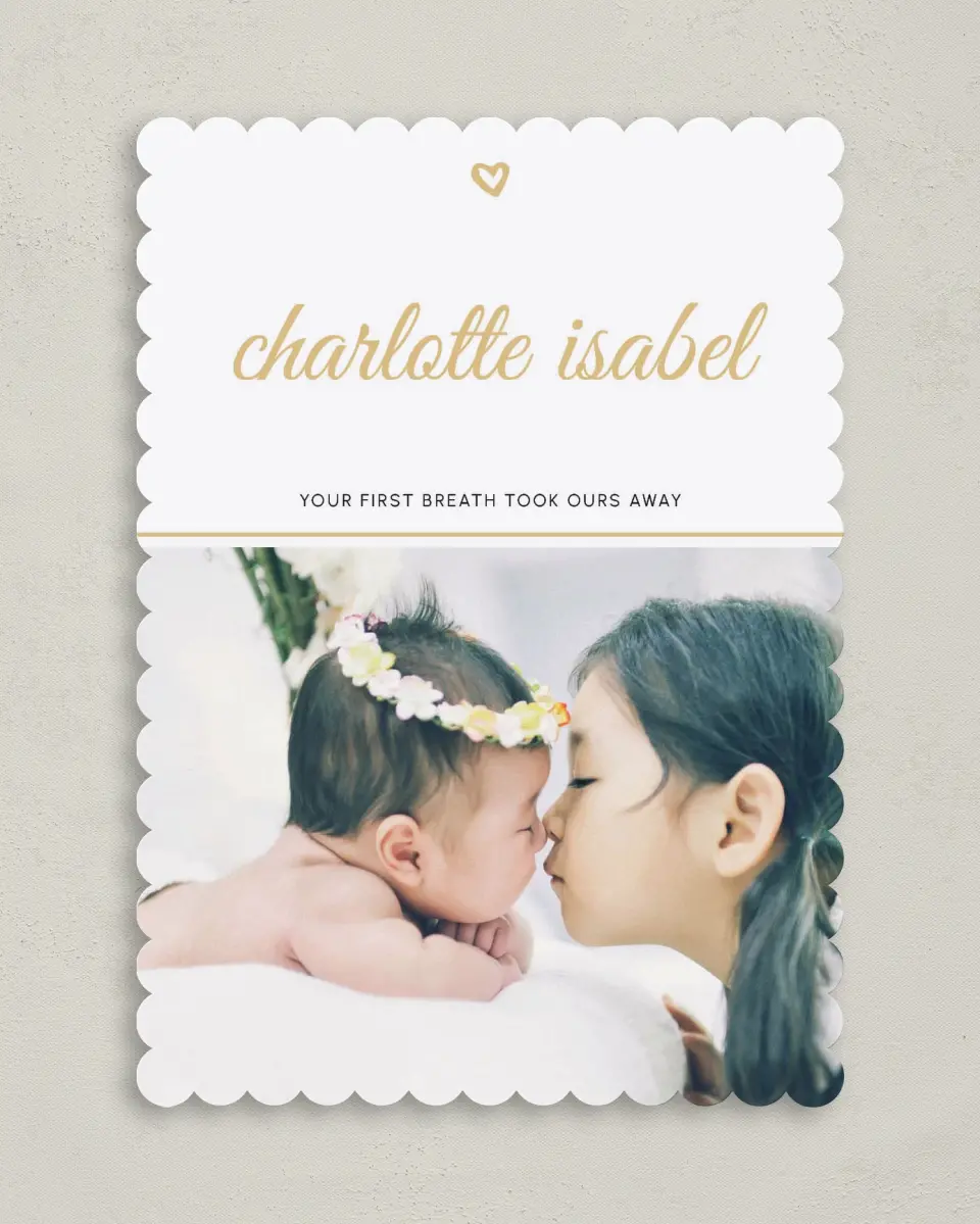 This is a 5" x 7" Birth Announcement Card called Breathtaking printed in full color on Premium Smooth paper