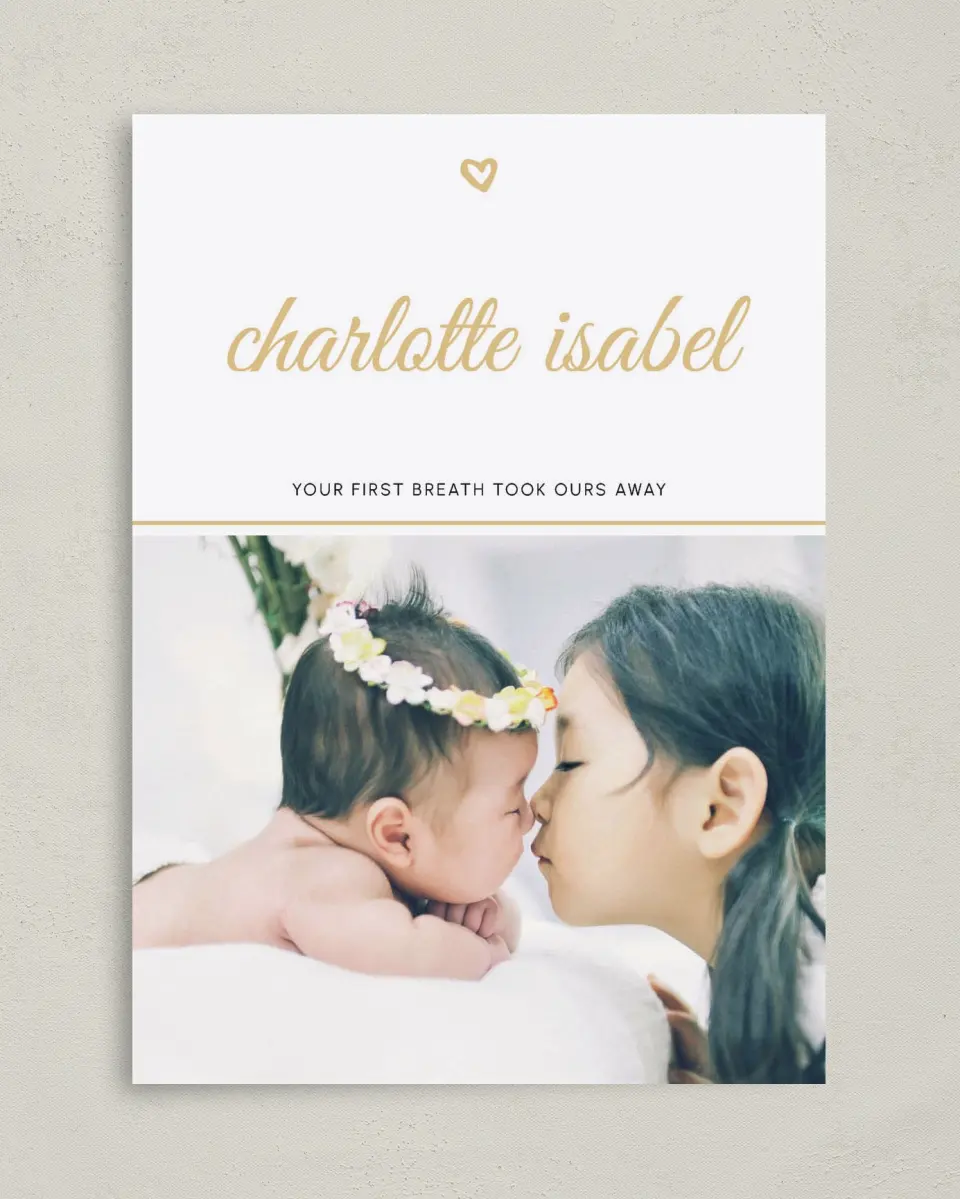 This is a 5" x 7" Birth Announcement Card called Breathtaking printed in full color with Silver foil on Luxe Satin (coated) paper