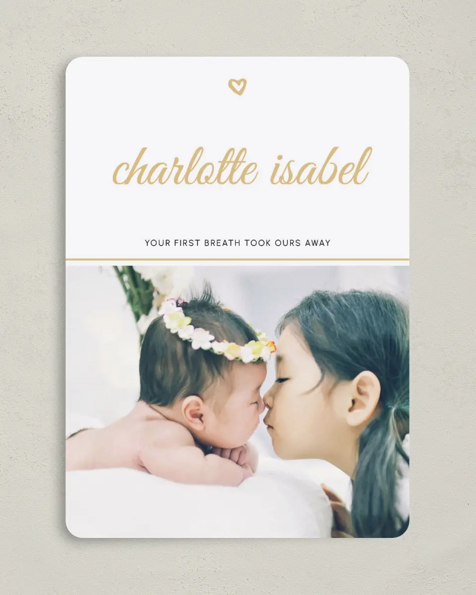 This is a 5" x 7" Birth Announcement Card called Breathtaking printed in full color with Silver foil on Luxe Satin (coated) paper