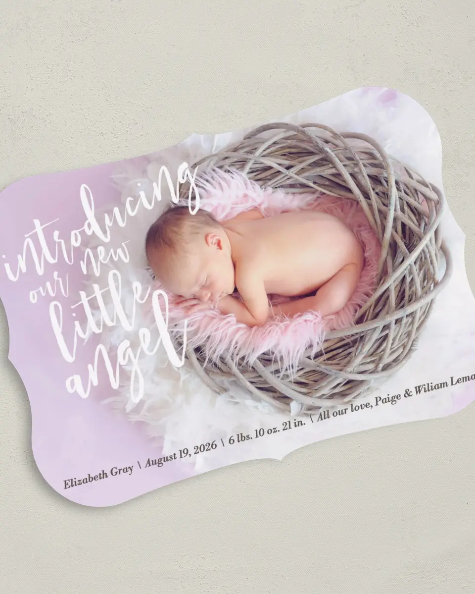 This is a 5" x 7" Birth Announcement Card called Heavenly Intro printed in full color on Premium Smooth paper