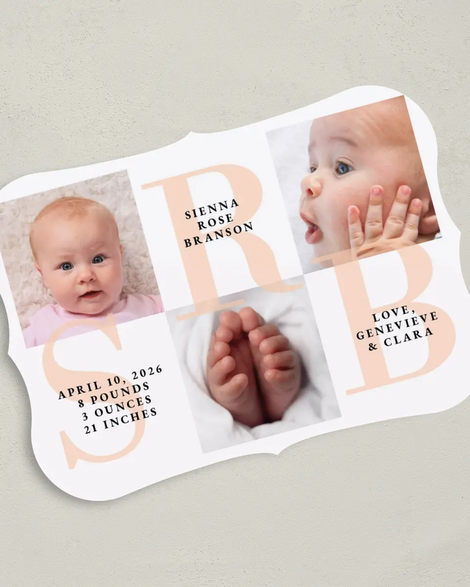 This is a 5" x 7" Birth Announcement Card called Delicate Monogram Girl printed in full color on Premium Smooth paper