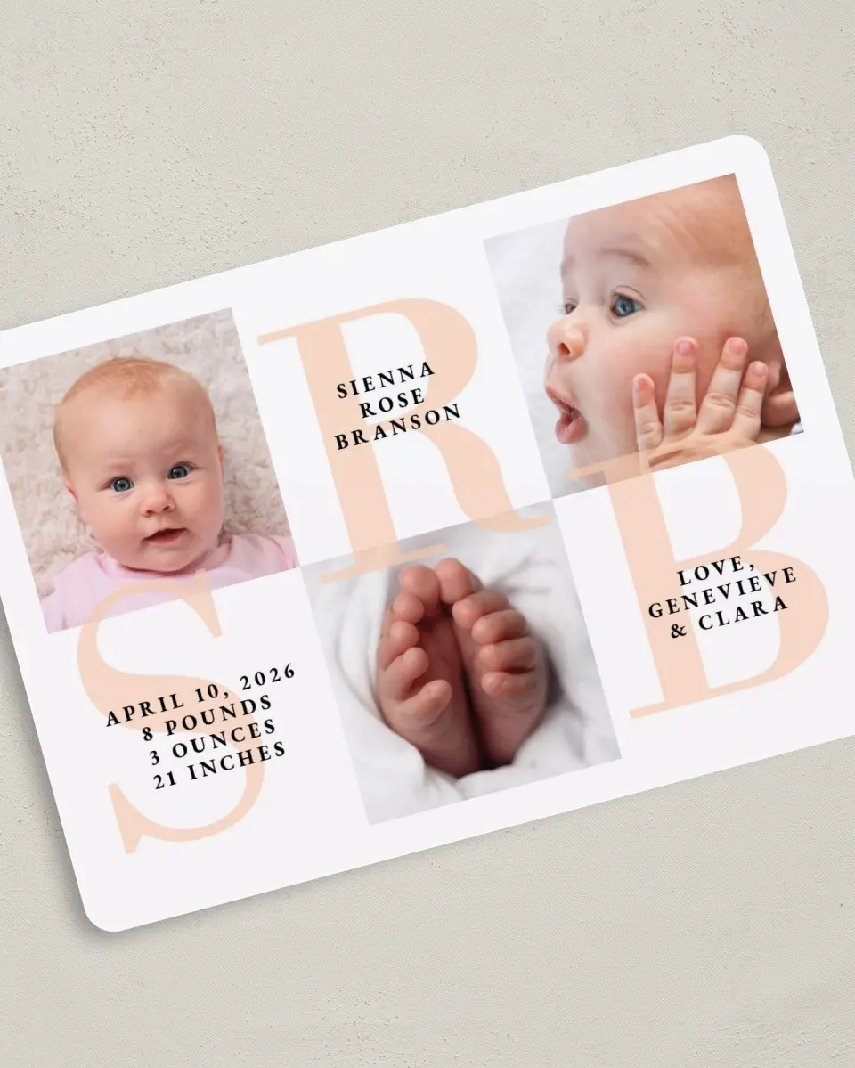 This is a 5" x 7" Birth Announcement Card called Delicate Monogram Girl printed in full color on Premium Smooth paper