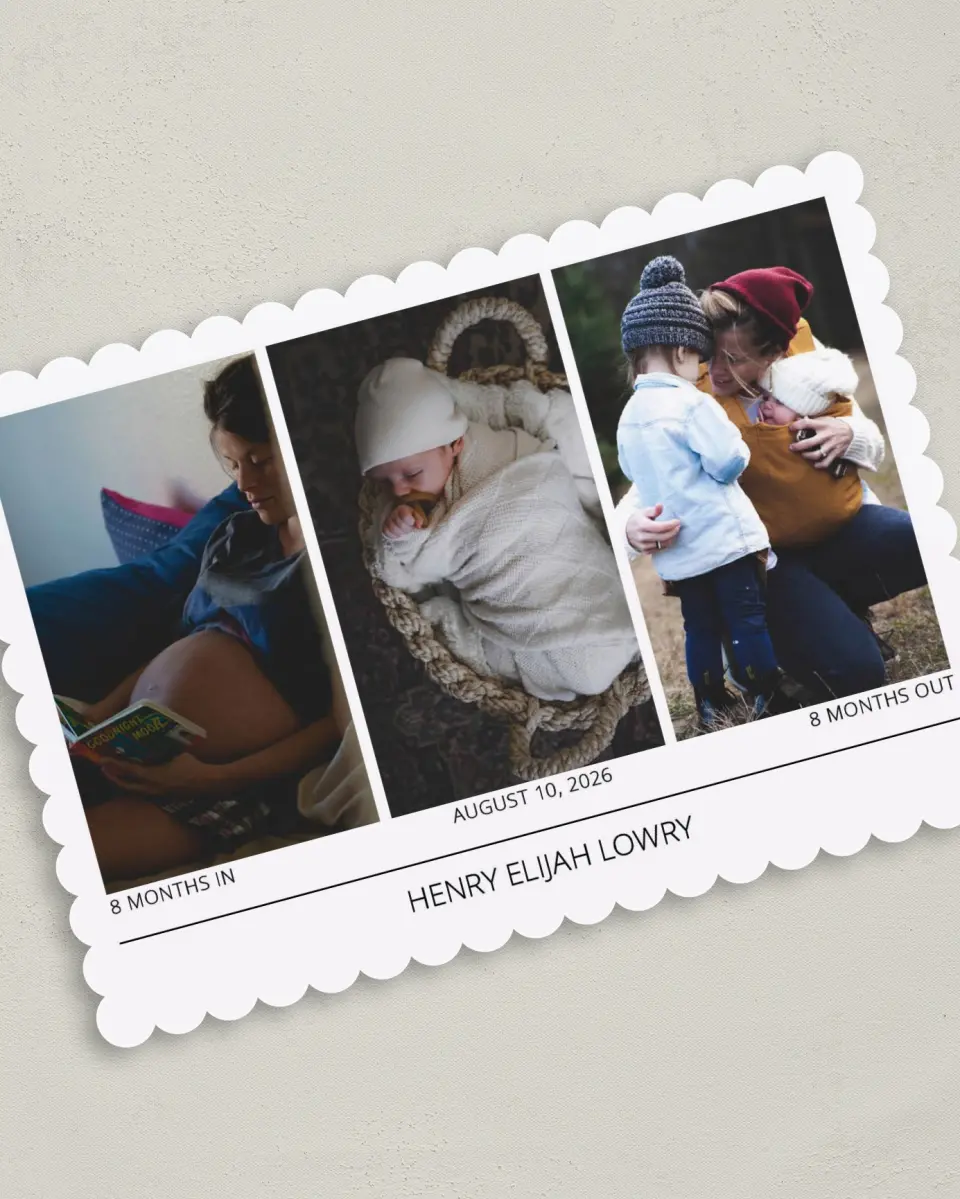 This is a 5" x 7" Birth Announcement Card called Gallery of Love printed in full color on Premium Smooth paper