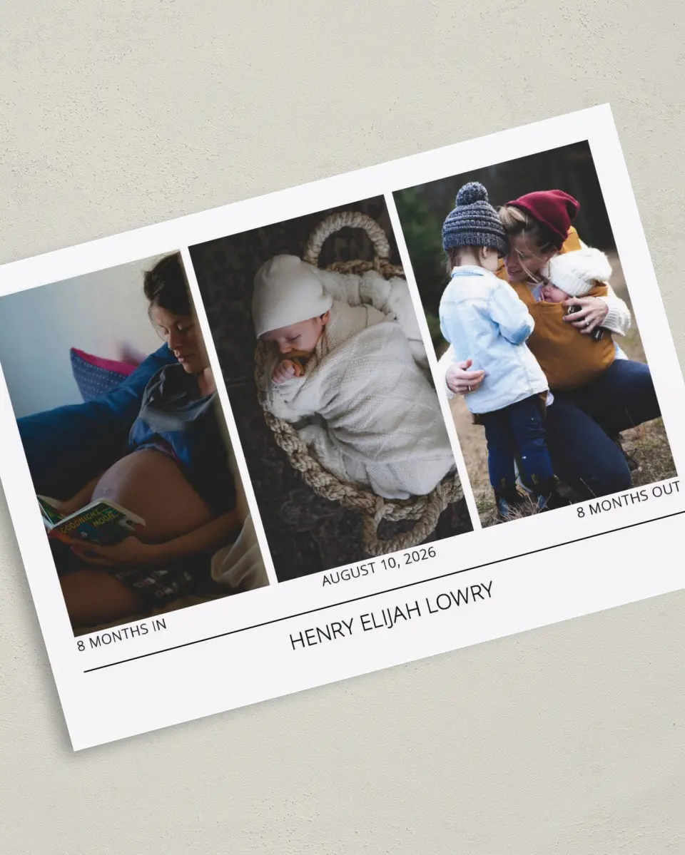 This is a 5" x 7" Birth Announcement Card called Gallery of Love printed in full color with Silver foil on Luxe Satin (coated) paper