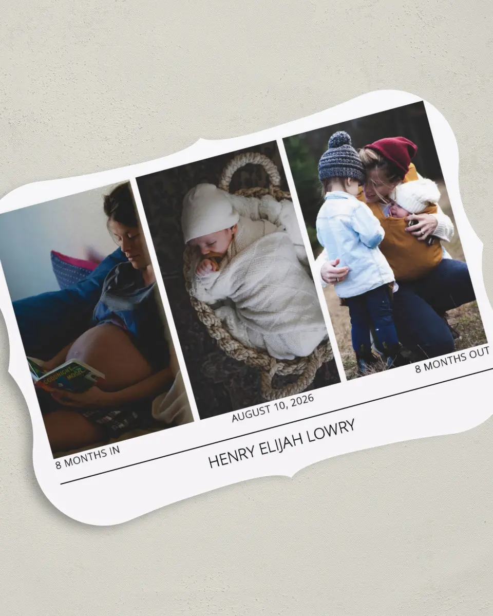 This is a 5" x 7" Birth Announcement Card called Gallery of Love printed in full color on Premium Smooth paper