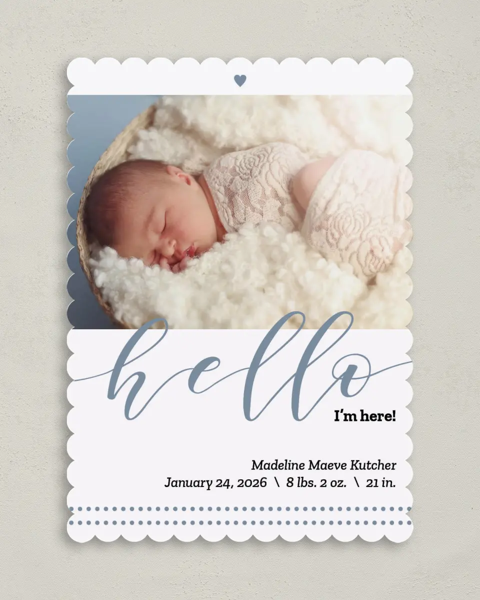 This is a 5" x 7" Birth Announcement Card called Peaceful Hello printed in full color on Premium Smooth paper