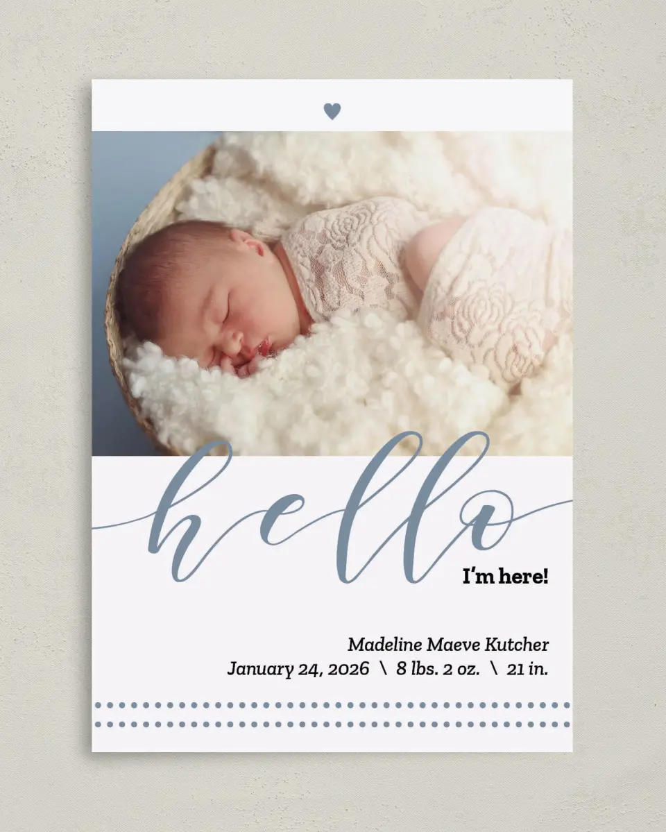 This is a 5" x 7" Birth Announcement Card called Peaceful Hello printed in full color on Premium Smooth paper