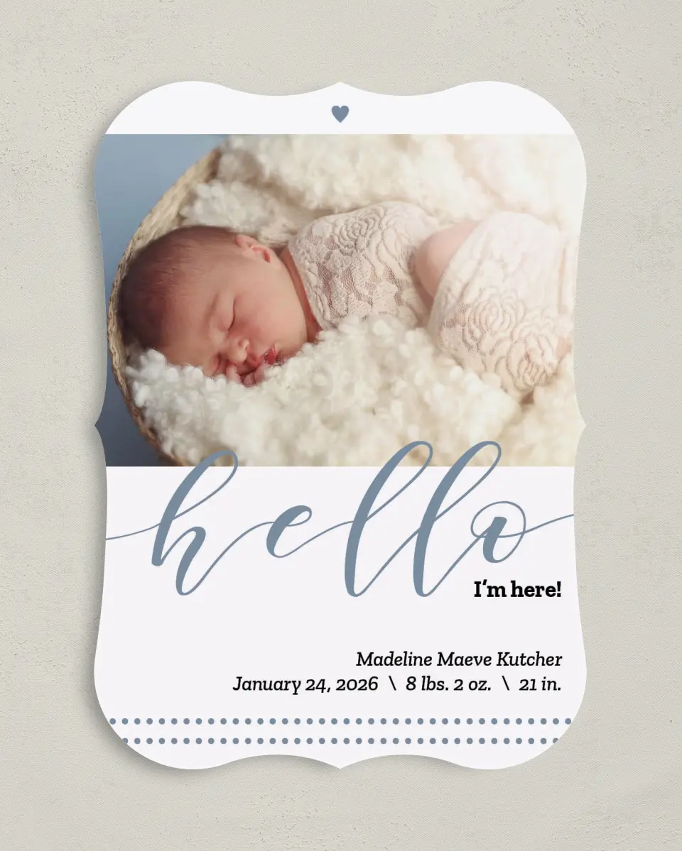 This is a 5" x 7" Birth Announcement Card called Peaceful Hello printed in full color on Premium Smooth paper