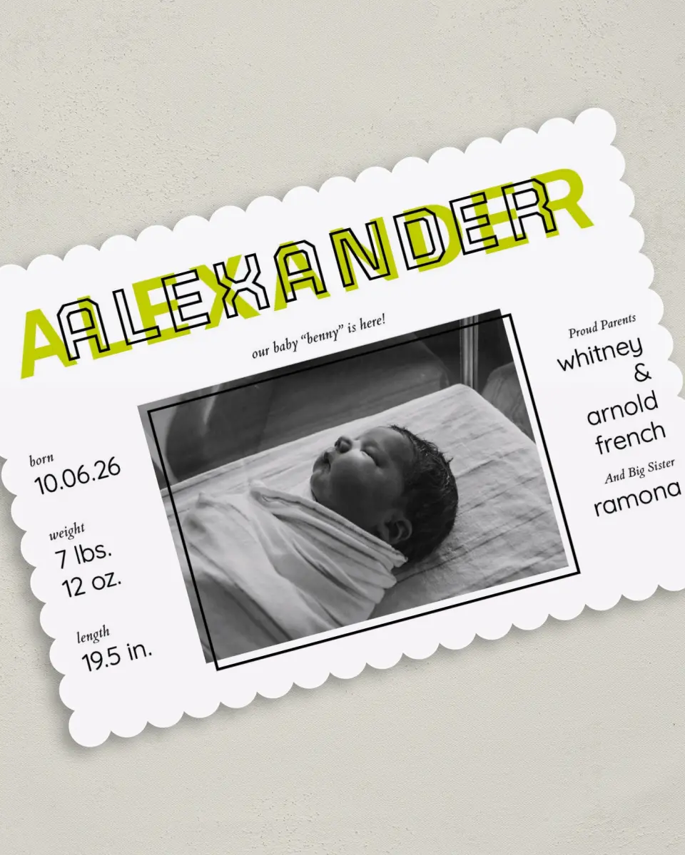 This is a 5" x 7" Birth Announcement Card called Splashy Introduction printed in full color on Premium Smooth paper