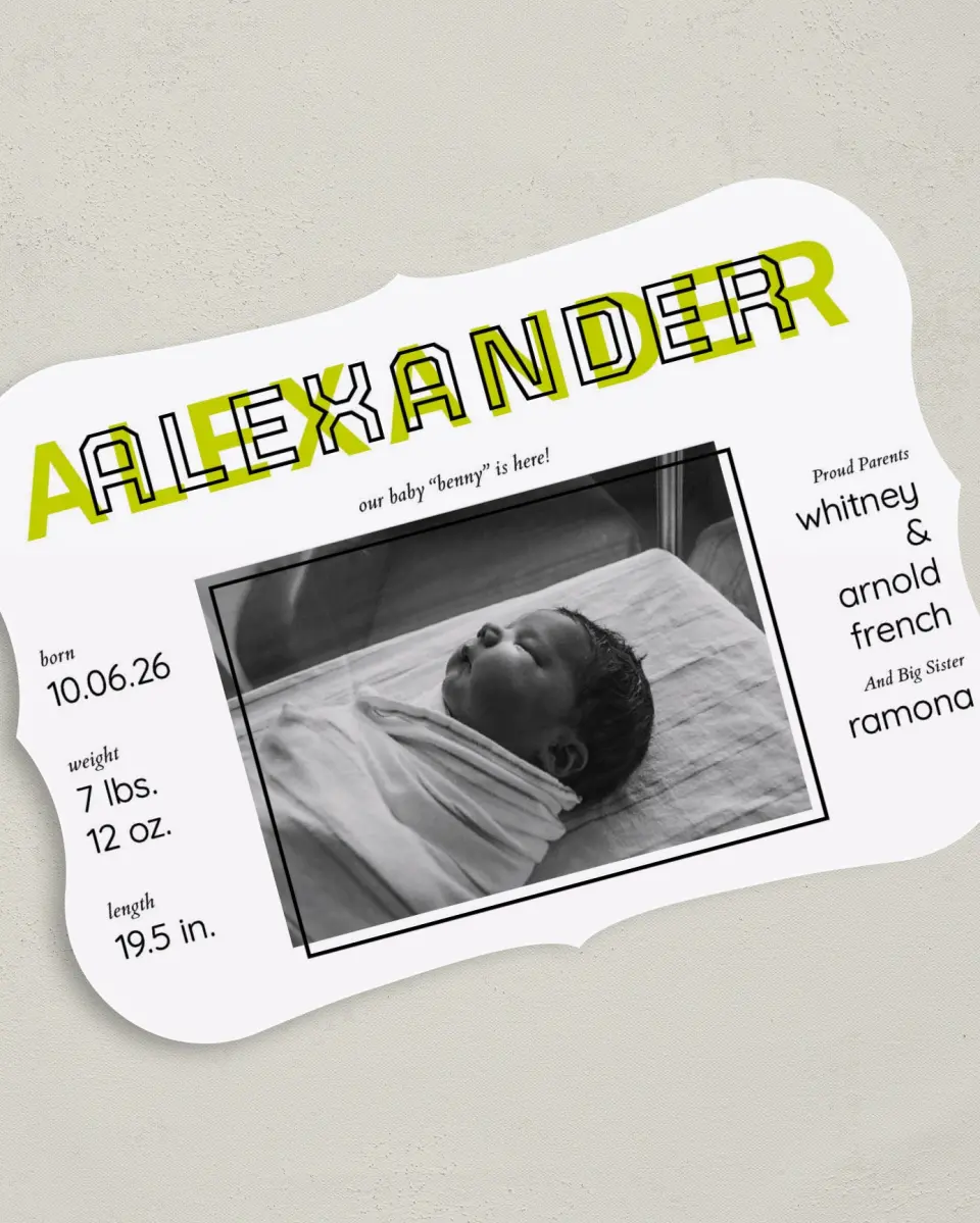This is a 5" x 7" Birth Announcement Card called Splashy Introduction printed in full color on Premium Smooth paper