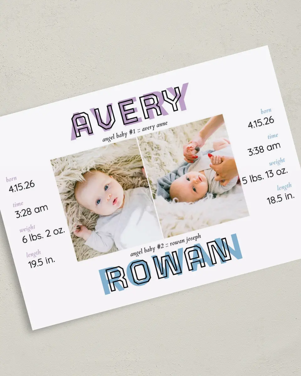 This is a 5" x 7" Birth Announcement Card called Double the Love printed in full color with Silver foil on Luxe Satin (coated) paper