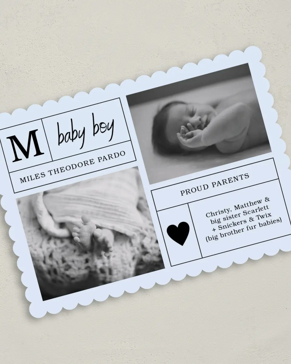 This is a 5" x 7" Birth Announcement Card called Headliner Baby Boy printed in full color on Premium Smooth paper