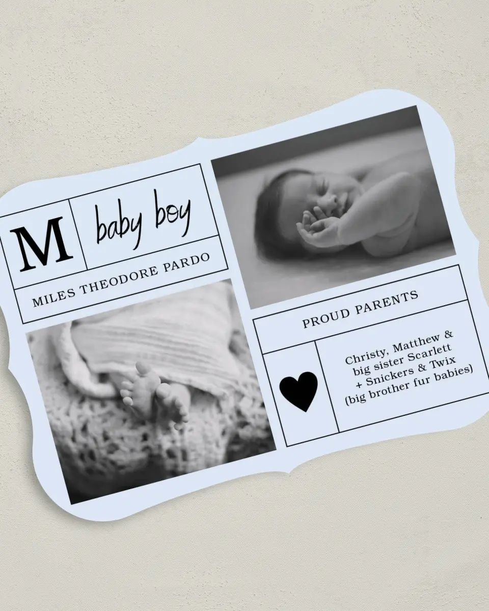 This is a 5" x 7" Birth Announcement Card called Headliner Baby Boy printed in full color on Premium Smooth paper