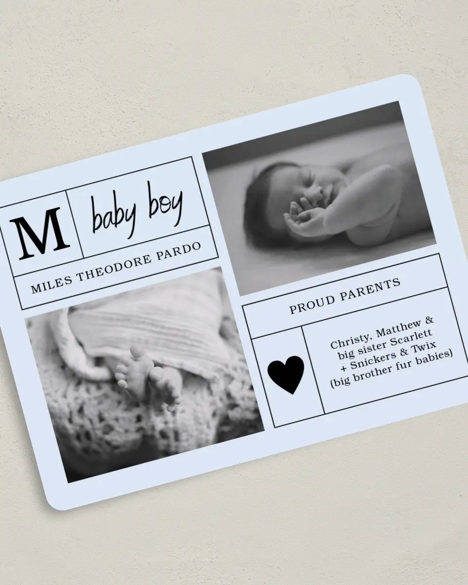 This is a 5" x 7" Birth Announcement Card called Headliner Baby Boy printed in full color on Premium Smooth paper