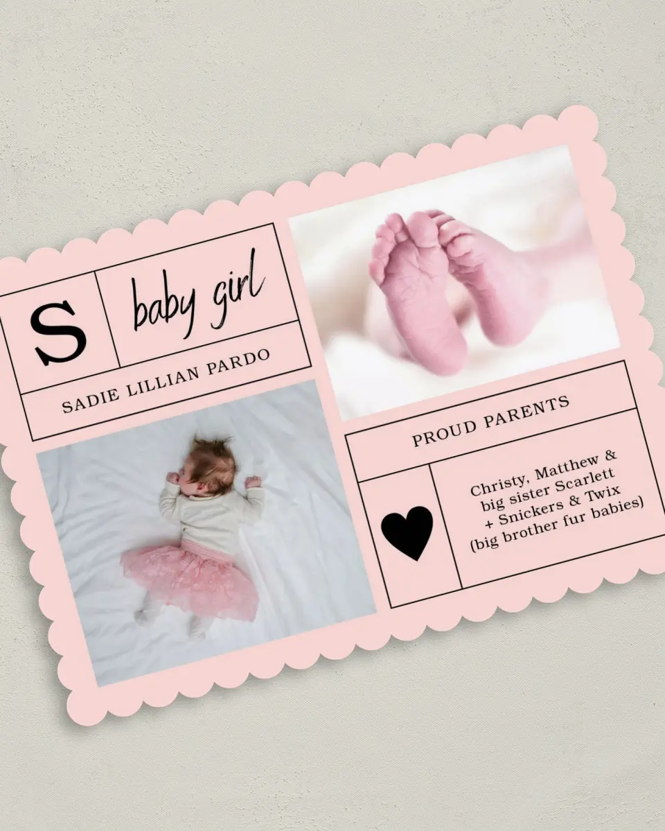 This is a 5" x 7" Birth Announcement Card called Headliner Baby Girl printed in full color on Premium Smooth paper