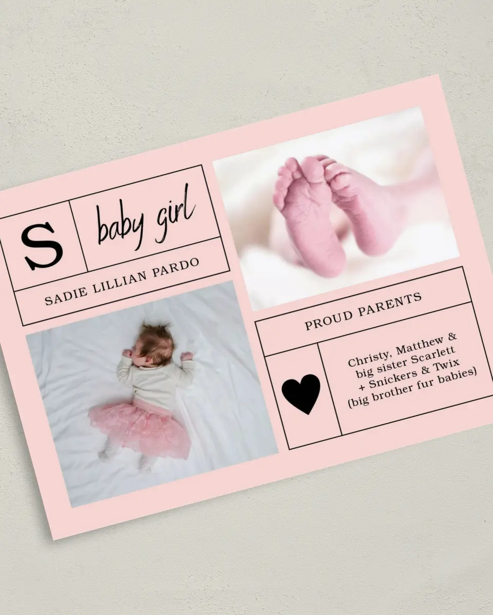This is a 5" x 7" Birth Announcement Card called Headliner Baby Girl printed in full color with Silver foil on Luxe Satin (coated) paper