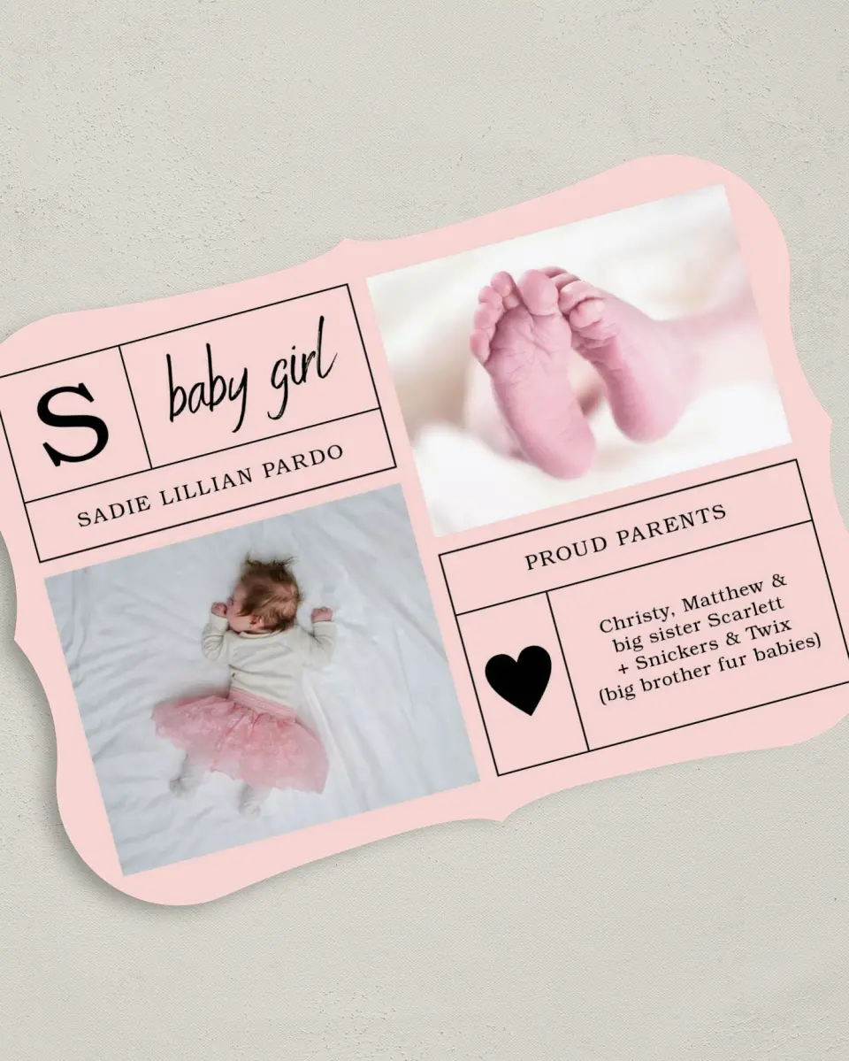 This is a 5" x 7" Birth Announcement Card called Headliner Baby Girl printed in full color on Premium Smooth paper