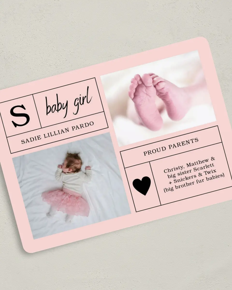 This is a 5" x 7" Birth Announcement Card called Headliner Baby Girl printed in full color with Silver foil on Luxe Satin (coated) paper