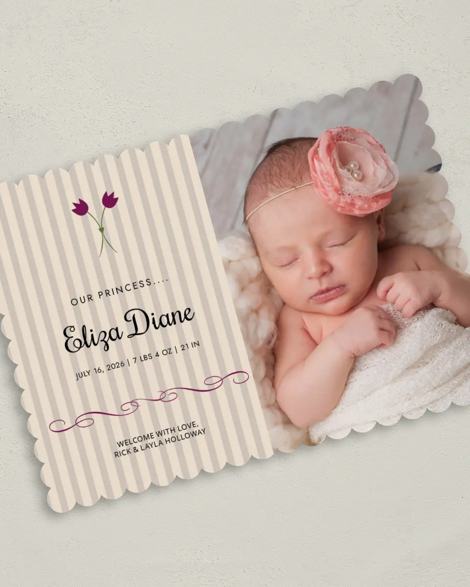 This is a 5" x 7" Birth Announcement Card called Charming Tulip printed in full color on Premium Smooth paper