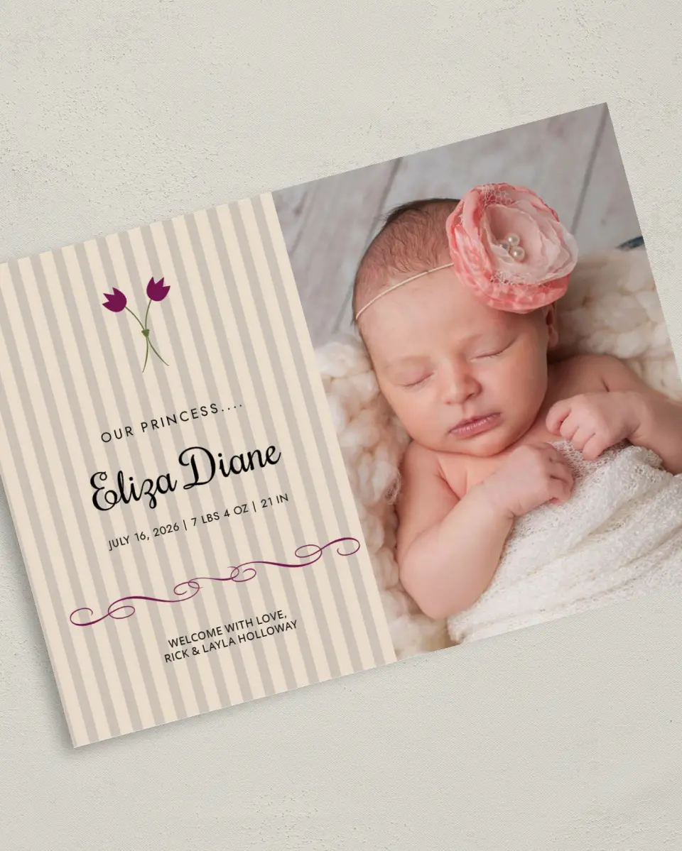 This is a 5" x 7" Birth Announcement Card called Charming Tulip printed in full color on Premium Smooth paper